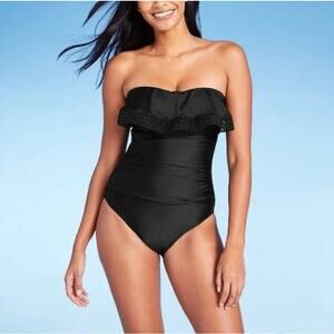 Kona Sol Black Crochet Flounce Ruffle Top Full Cover One Piece Swimsuit Size M